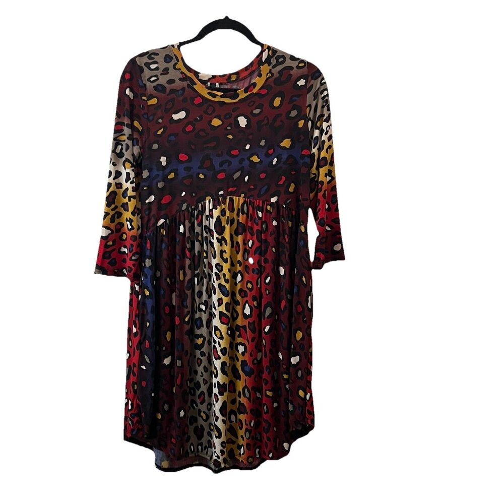 Yahada Animal Print Multicolor Cheetah 3/4 Sleeve Midi Dress Pockets Womens Sz M
